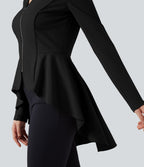 V Neck Long Sleeve Ruffe Hem High Low Work Coat — Black — view 7