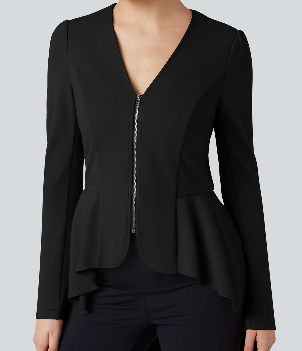 V Neck Long Sleeve Ruffe Hem High Low Work Coat — Black — view 4