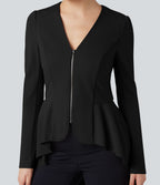 V Neck Long Sleeve Ruffe Hem High Low Work Coat — Black — view 4
