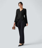 V Neck Long Sleeve Ruffe Hem High Low Work Coat — Black — view 8