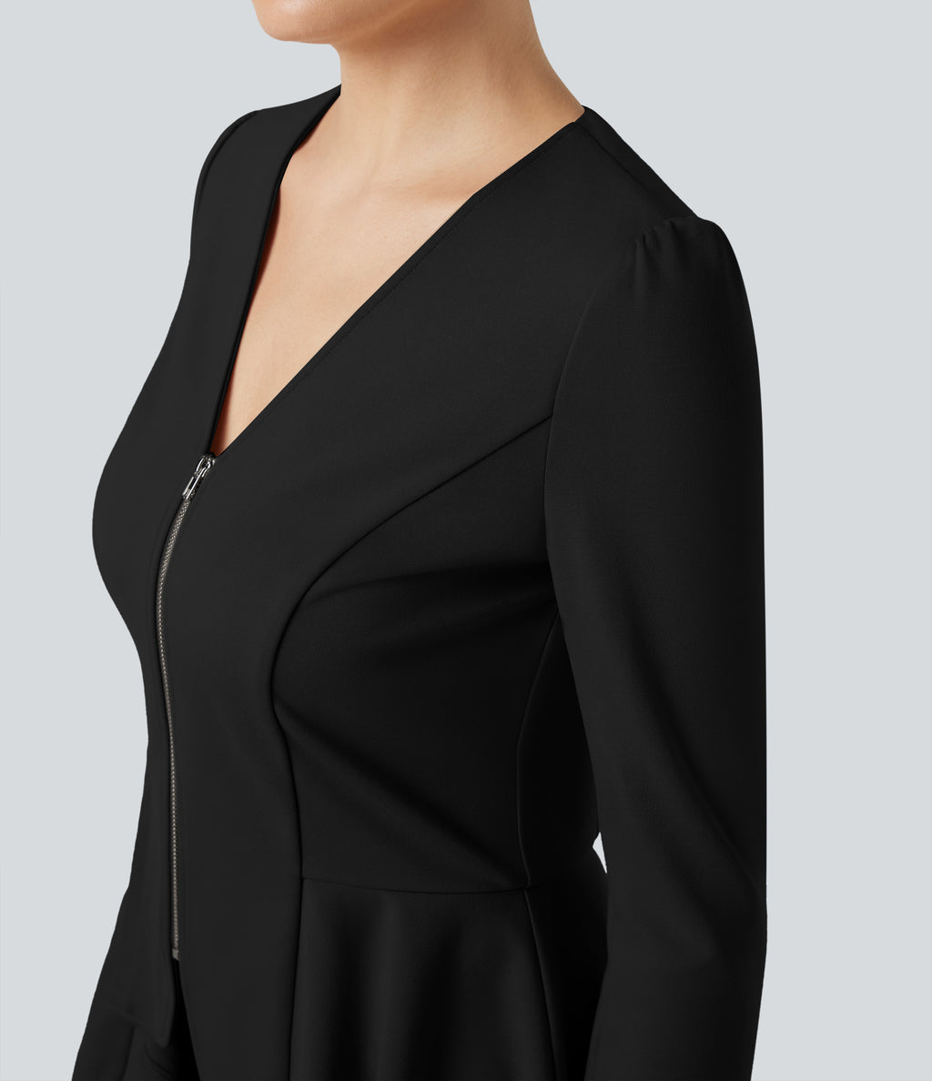V Neck Long Sleeve Ruffe Hem High Low Work Coat — Black — view 5