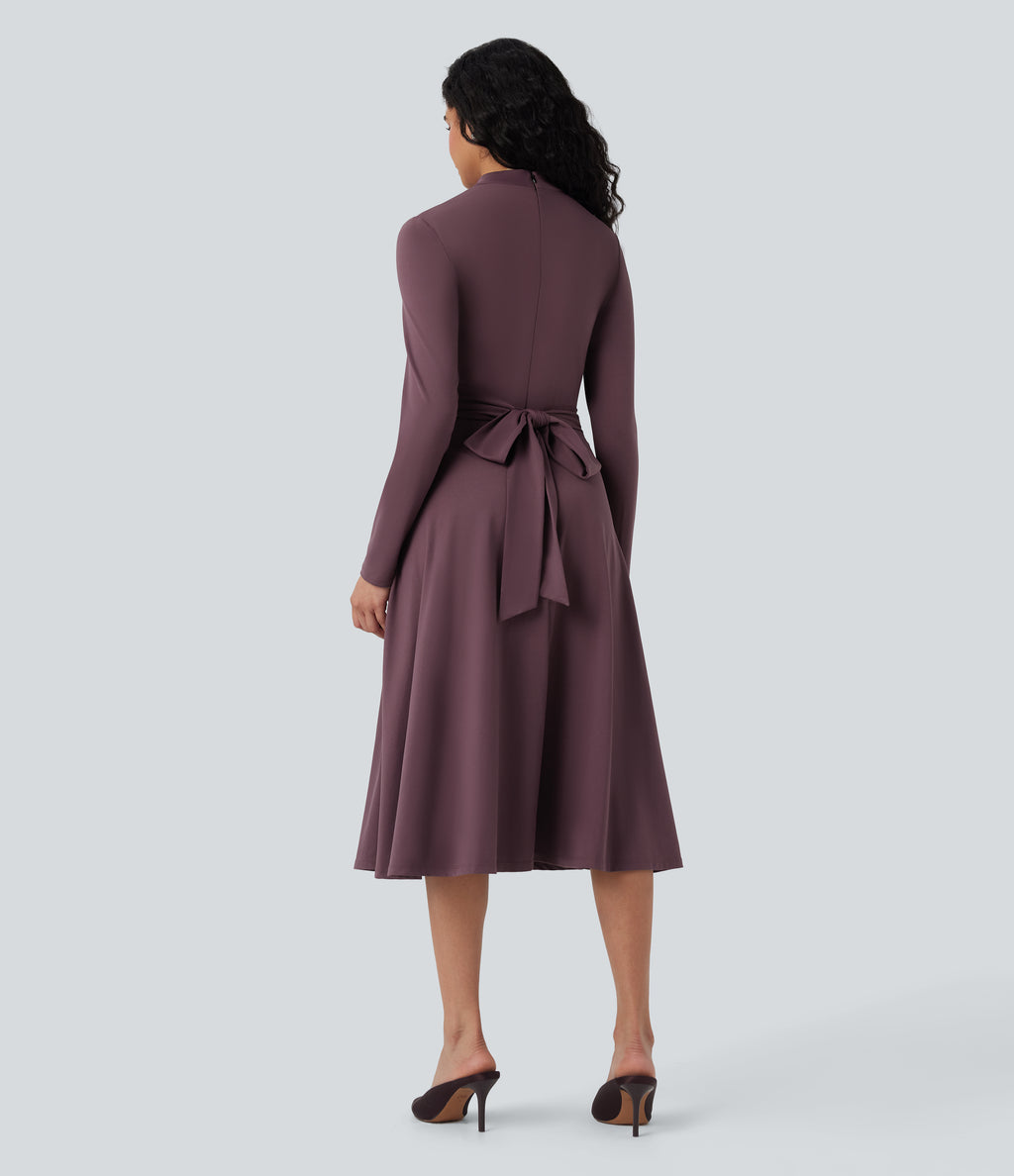 Cut Out Long Sleeve Tie Back Midi Work Dress with Pockets — Plum Wine — view 2