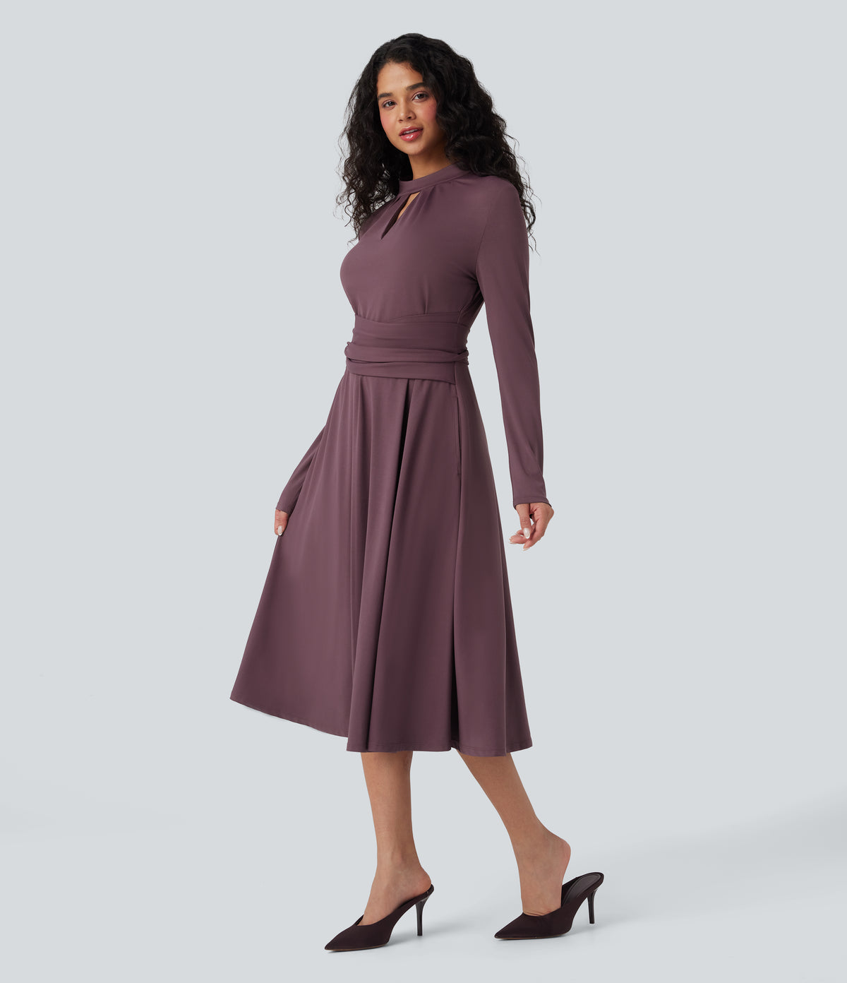 Cut Out Long Sleeve Tie Back Midi Work Dress with Pockets — Plum Wine — view 1