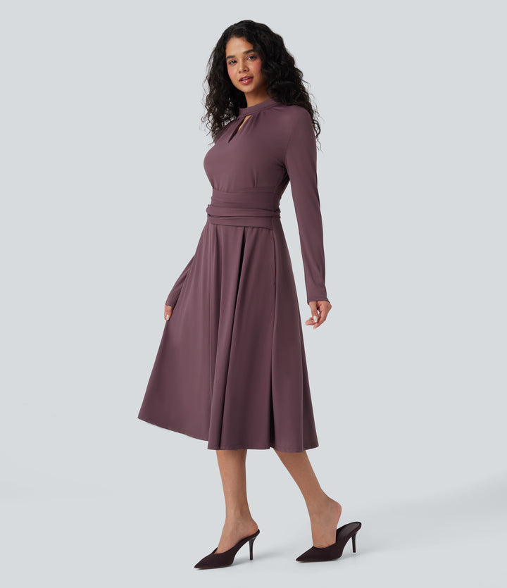 Cut Out Long Sleeve Tie Back Midi Work Dress with Pockets — Plum Wine — view 1
