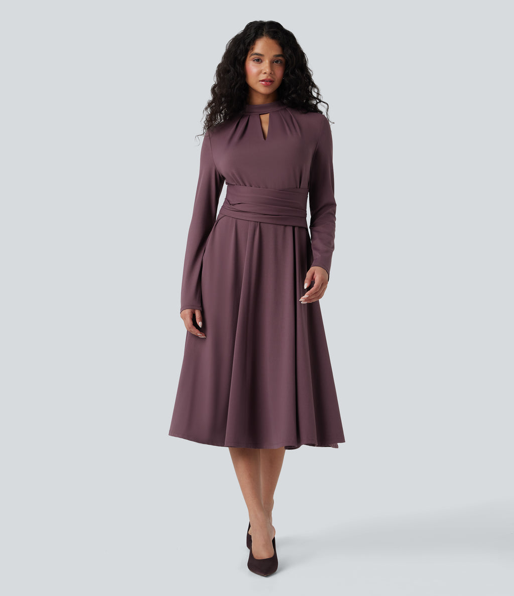 Cut Out Long Sleeve Tie Back Midi Work Dress with Pockets — Plum Wine — view 3