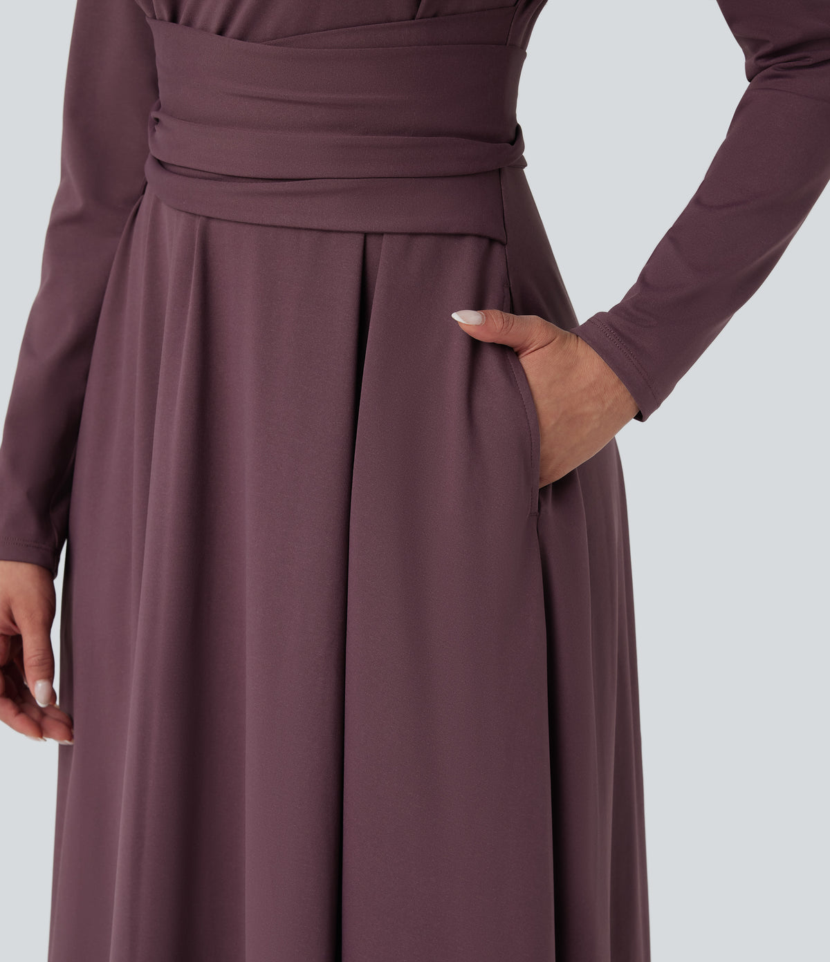 Cut Out Long Sleeve Tie Back Midi Work Dress with Pockets — Plum Wine — view 6