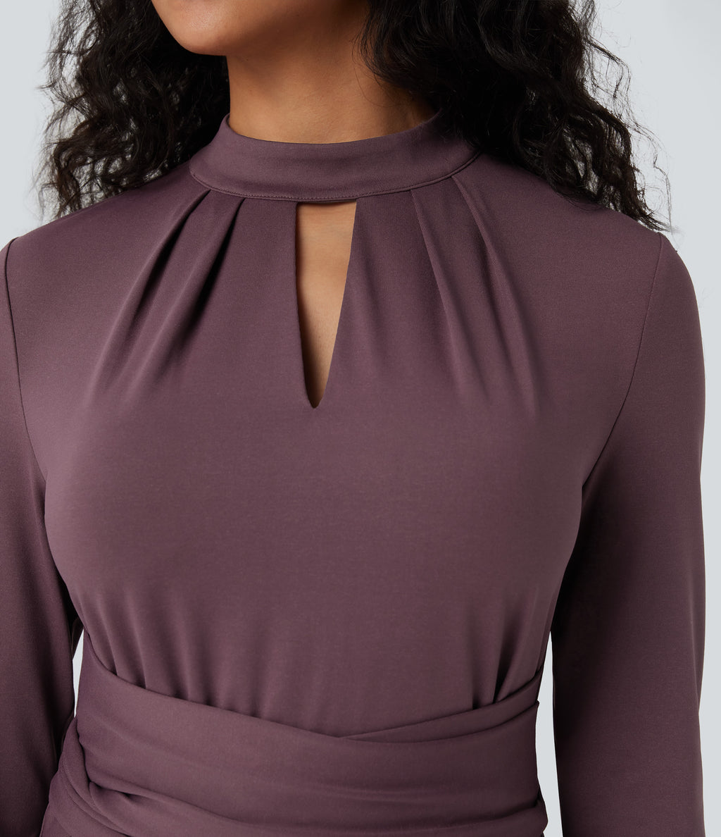 Cut Out Long Sleeve Tie Back Midi Work Dress with Pockets — Plum Wine — view 4