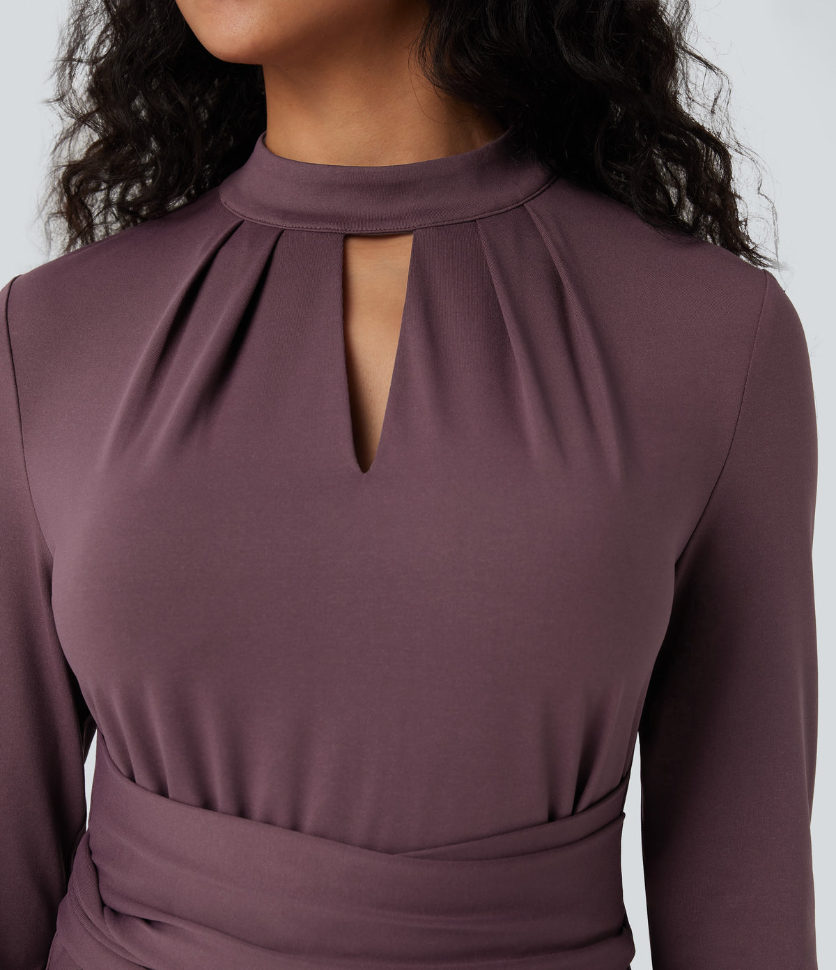 Cut Out Long Sleeve Tie Back Midi Work Dress with Pockets — Plum Wine — view 4