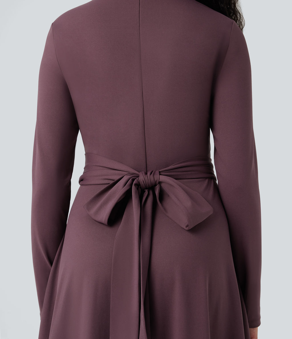 Cut Out Long Sleeve Tie Back Midi Work Dress with Pockets — Plum Wine — view 5