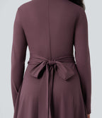 Cut Out Long Sleeve Tie Back Midi Work Dress with Pockets — Plum Wine — view 5