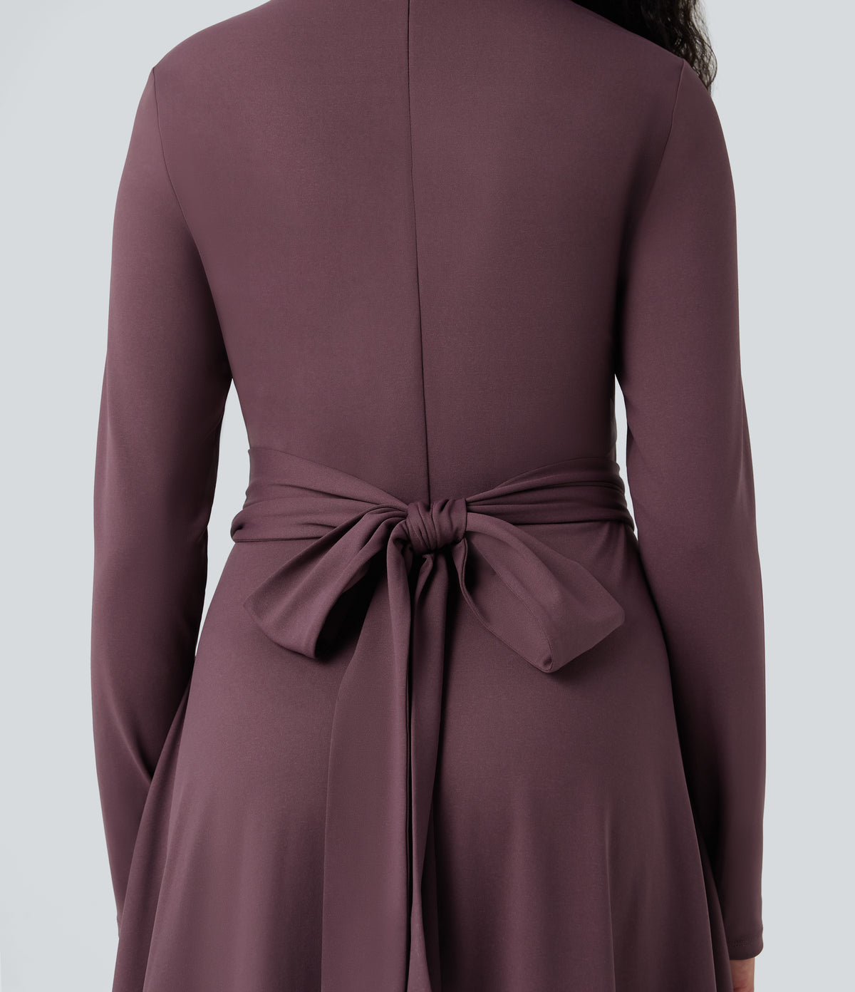 Cut Out Long Sleeve Tie Back Midi Work Dress with Pockets — Plum Wine — view 5