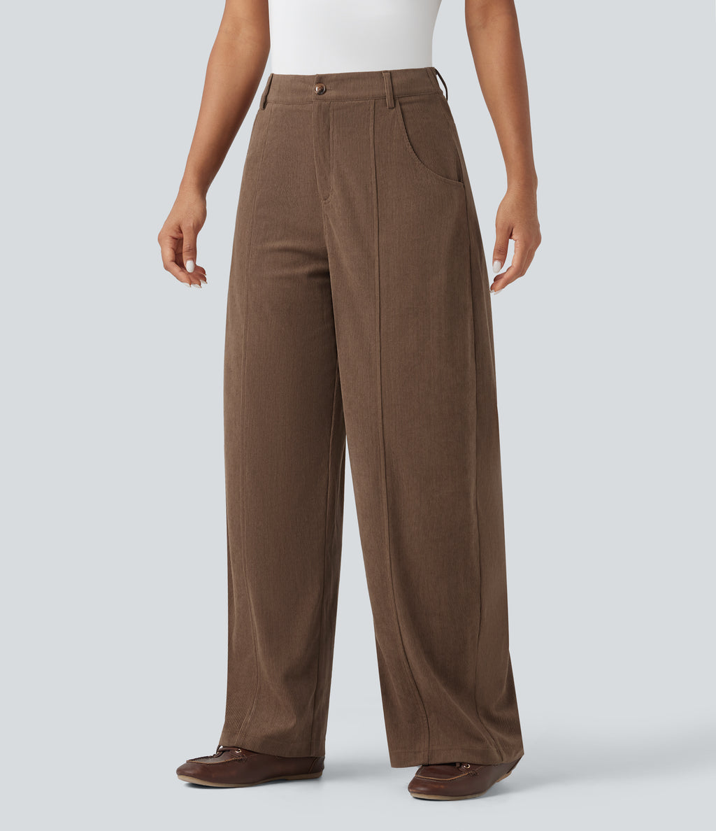 High Waisted Wide Leg Casual Corduroy Trousers with Pockets — Camellia Brown — view 3