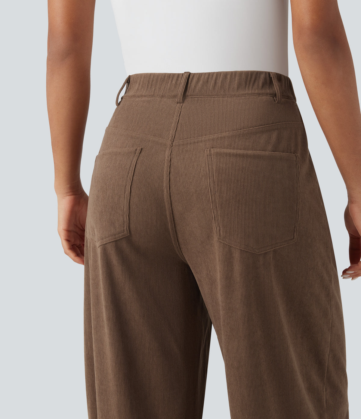 High Waisted Wide Leg Casual Corduroy Trousers with Pockets — Camellia Brown — view 4
