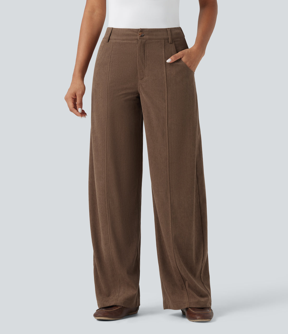 High Waisted Wide Leg Casual Corduroy Trousers with Pockets — Camellia Brown — view 2