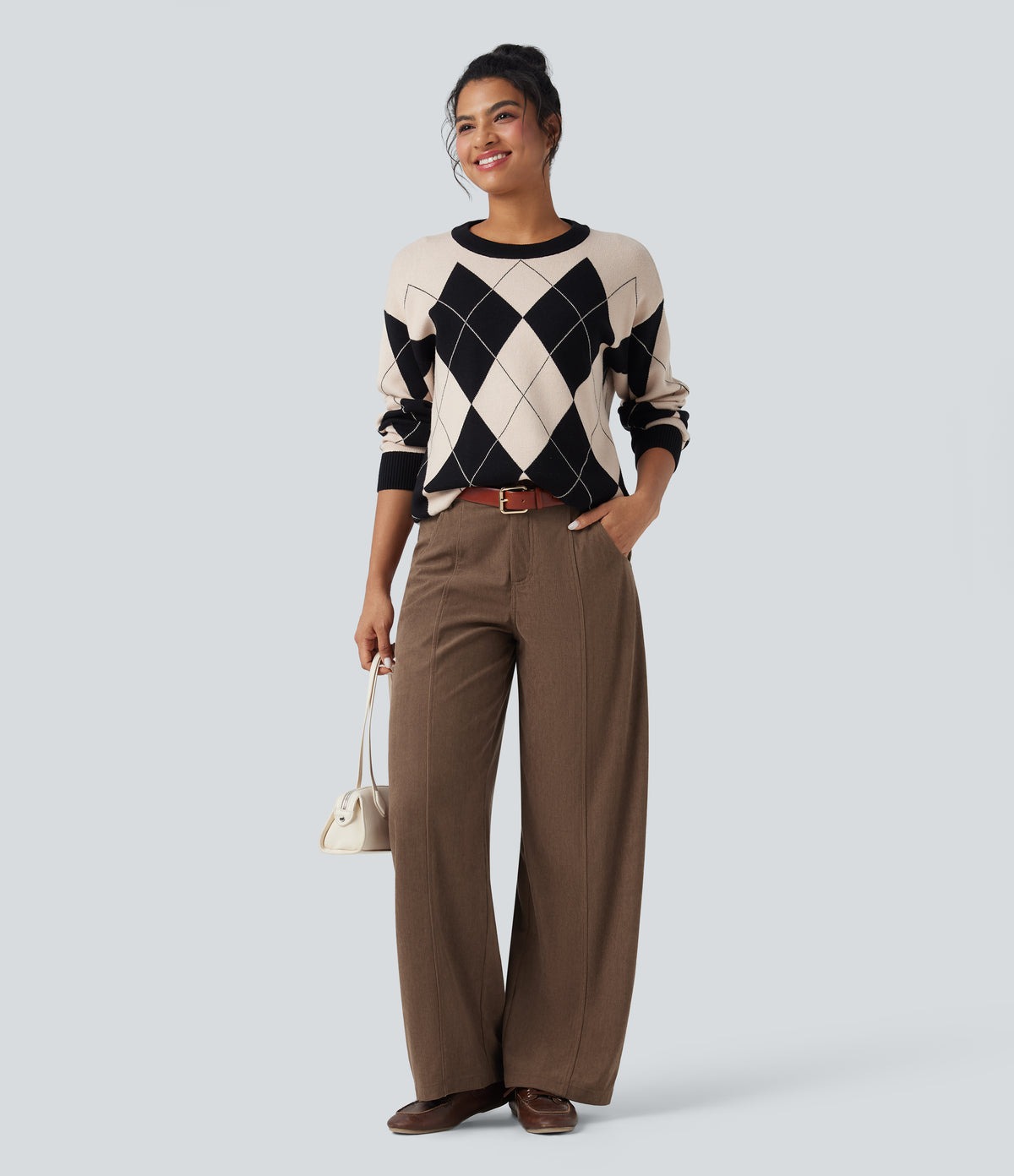 High Waisted Wide Leg Casual Corduroy Trousers with Pockets — Camellia Brown — view 6