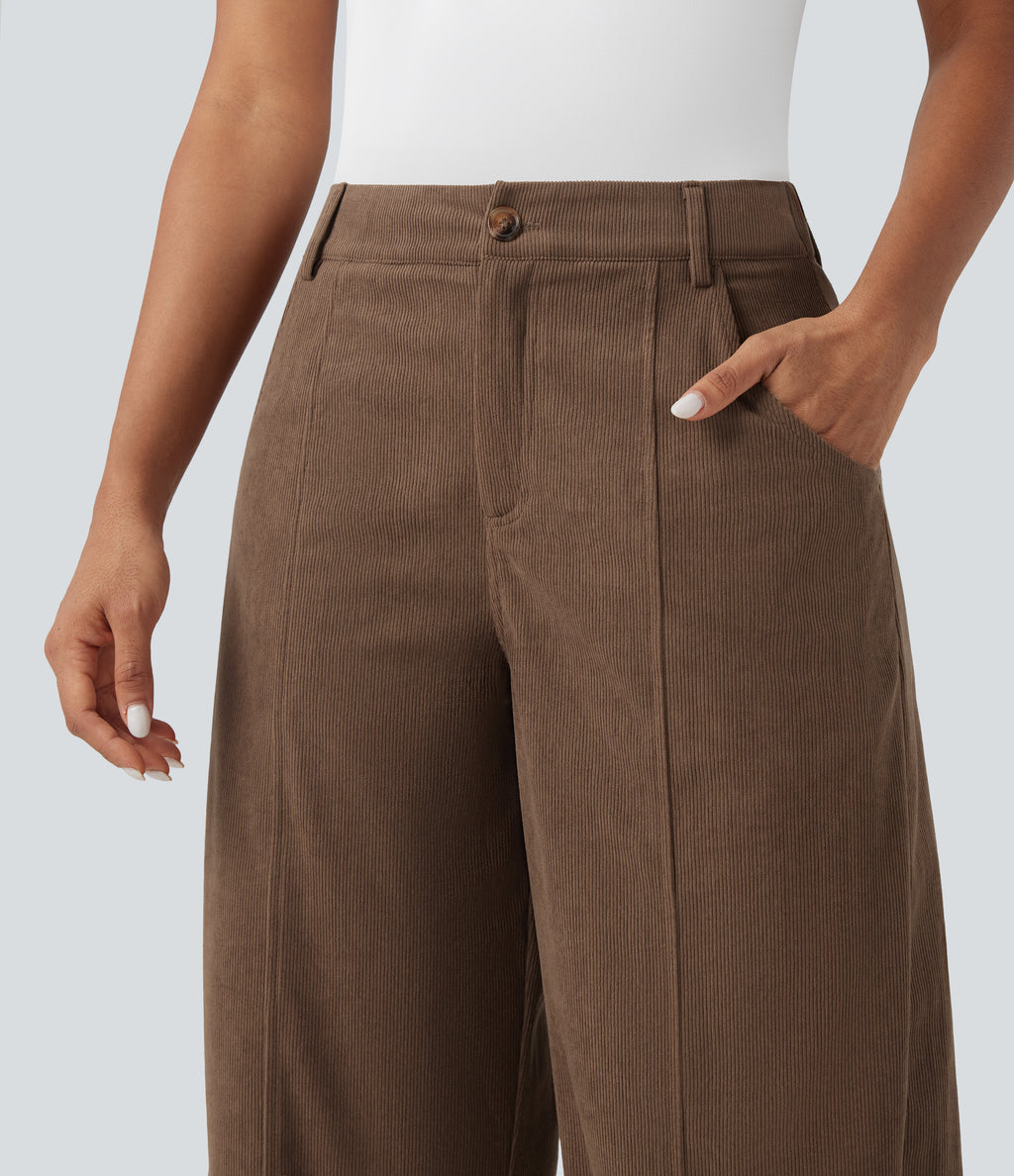 High Waisted Wide Leg Casual Corduroy Trousers with Pockets — Camellia Brown — view 5