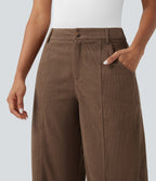 High Waisted Wide Leg Casual Corduroy Trousers with Pockets — Camellia Brown — view 5