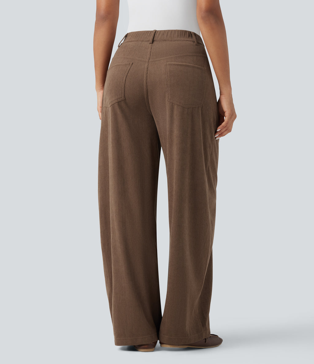 High Waisted Wide Leg Casual Corduroy Trousers with Pockets — Camellia Brown — view 1