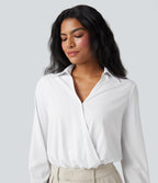 V Neck Long Sleeve Quick Dry Work Shirt Bodysuit — White — view 6