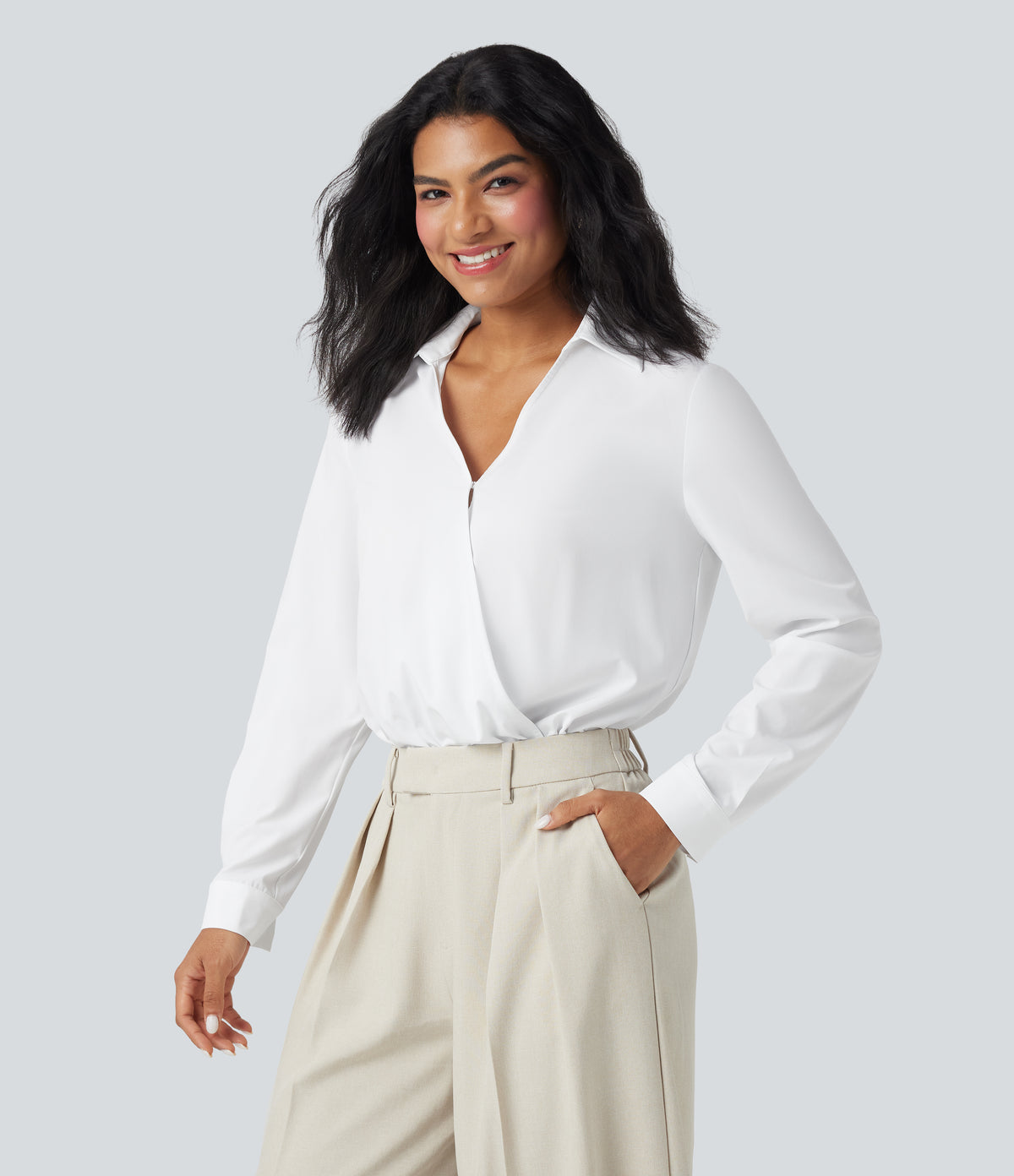 V Neck Long Sleeve Quick Dry Work Shirt Bodysuit — White — view 5