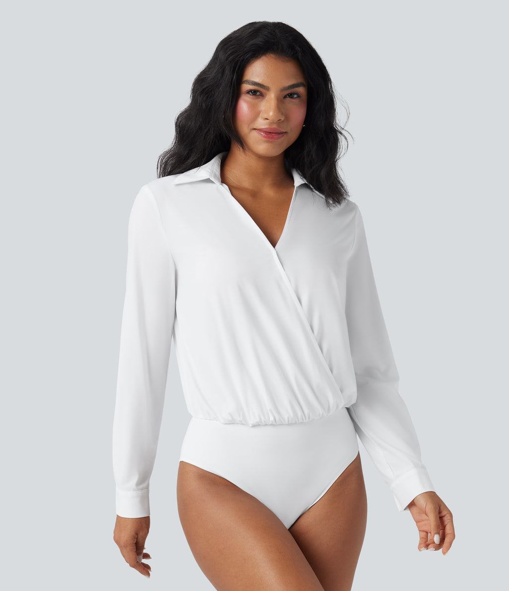 V Neck Long Sleeve Quick Dry Work Shirt Bodysuit — White — view 2