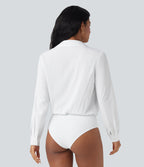 V Neck Long Sleeve Quick Dry Work Shirt Bodysuit — White — view 4