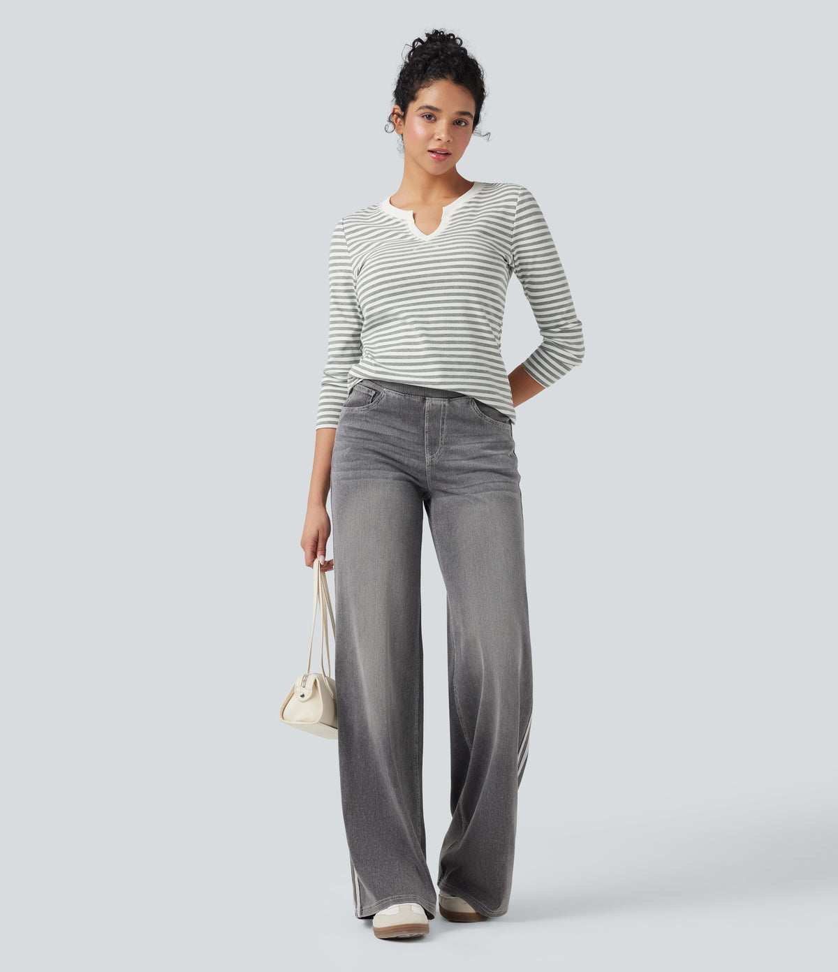 Notched Long Sleeve Stripe Casual Top — Gray White Horizontal Stripe — view 6