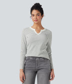 Notched Long Sleeve Stripe Casual Top — Gray White Horizontal Stripe — view 1