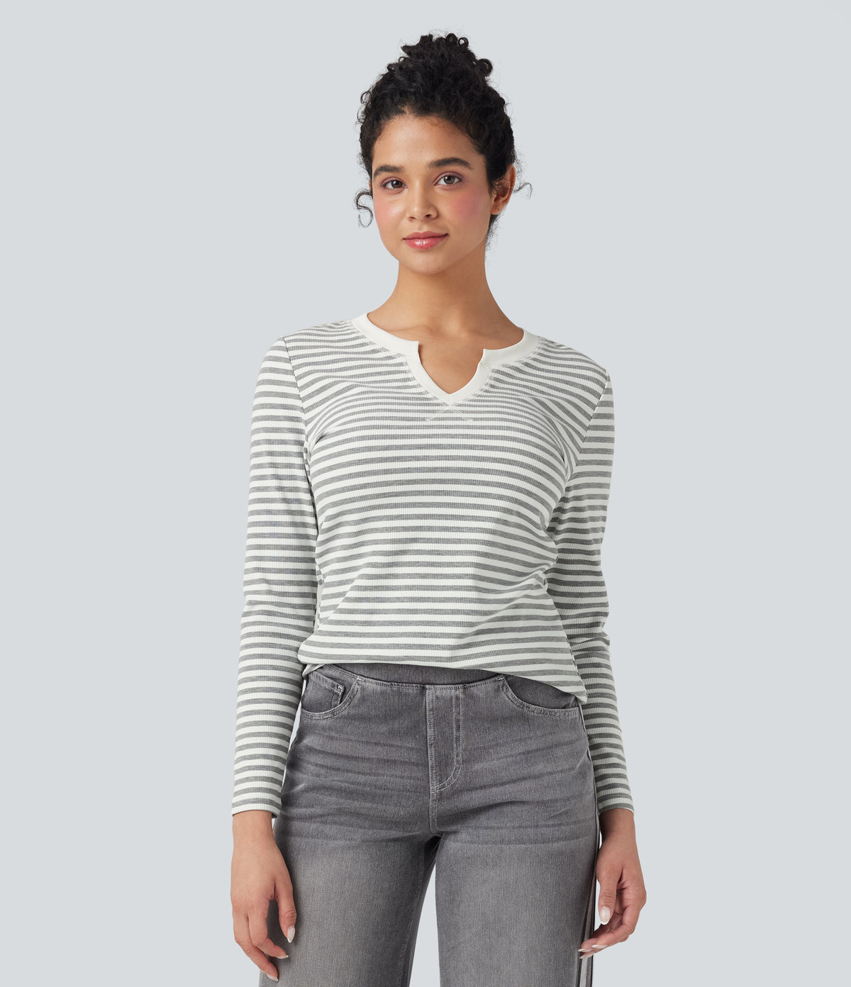 Notched Long Sleeve Stripe Casual Top — Gray White Horizontal Stripe — view 1
