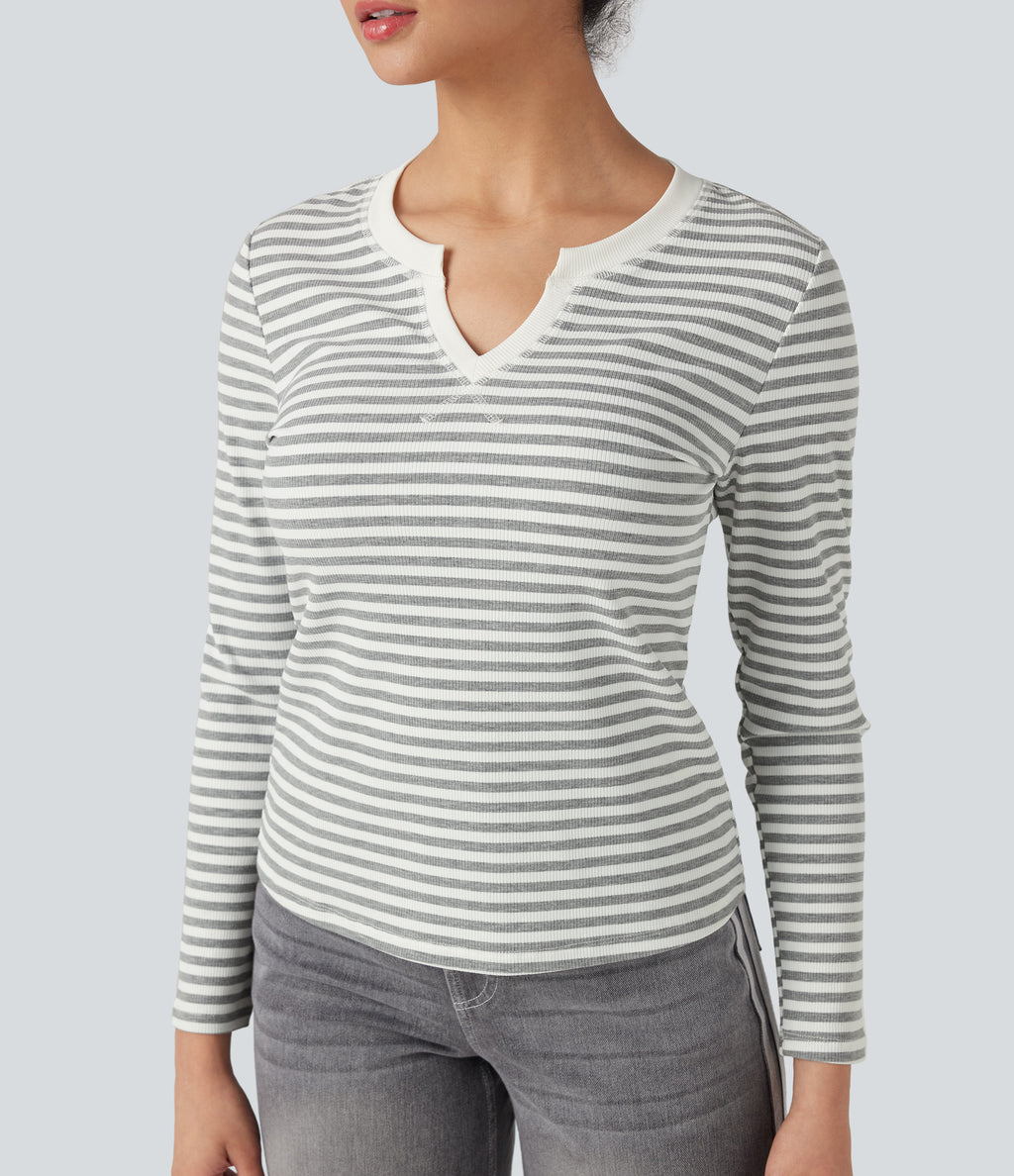 Notched Long Sleeve Stripe Casual Top — Gray White Horizontal Stripe — view 4