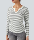 Notched Long Sleeve Stripe Casual Top — Gray White Horizontal Stripe — view 4