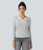 Notched Long Sleeve Stripe Casual Top — Gray White Horizontal Stripe — view 5