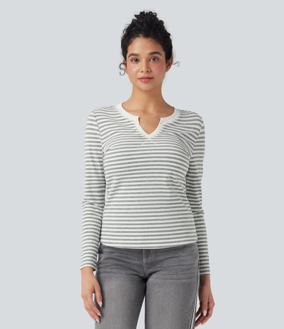 Notched Long Sleeve Stripe Casual Top — Gray White Horizontal Stripe — view 5