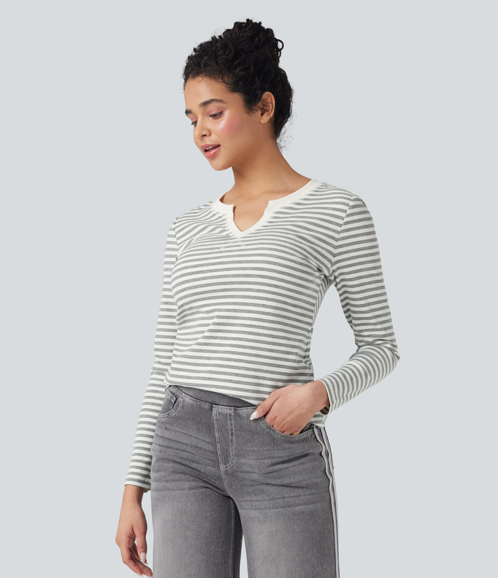 Notched Long Sleeve Stripe Casual Top — Gray White Horizontal Stripe — view 3