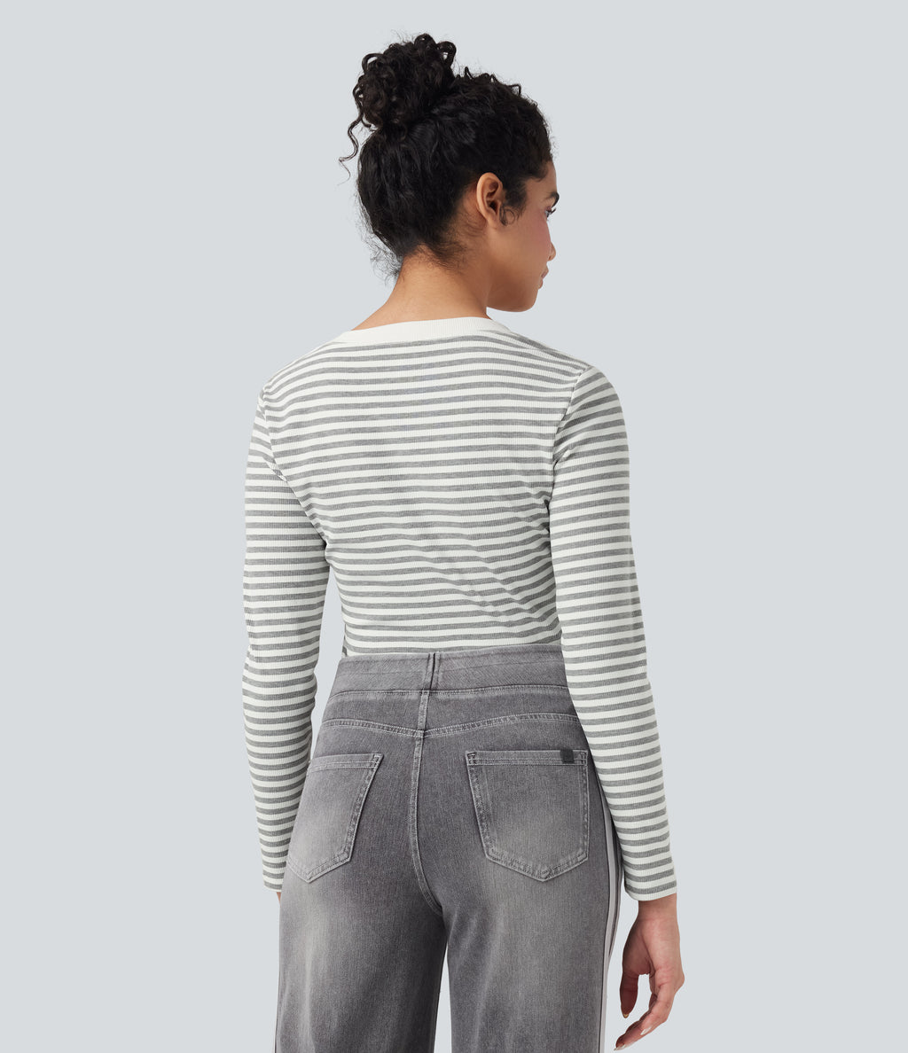 Notched Long Sleeve Stripe Casual Top — Gray White Horizontal Stripe — view 2