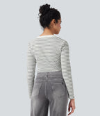 Notched Long Sleeve Stripe Casual Top — Gray White Horizontal Stripe — view 2