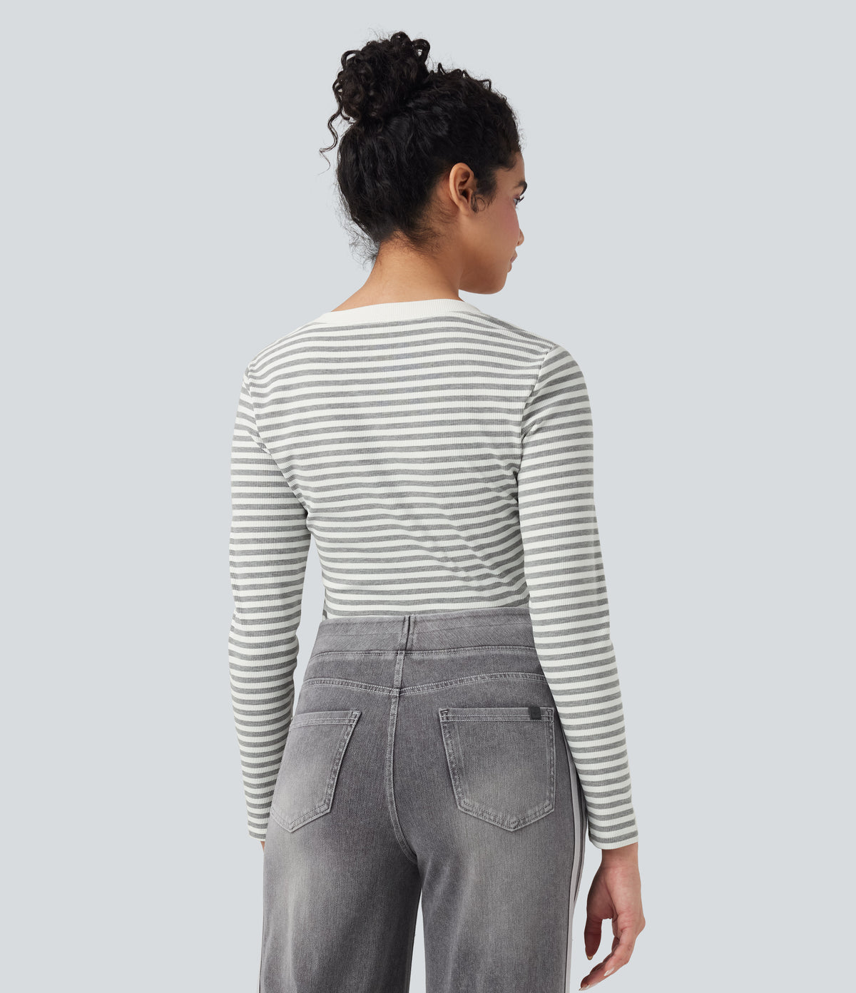 Notched Long Sleeve Stripe Casual Top — Gray White Horizontal Stripe — view 2