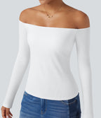 Ribbed Knit Off Shoulder Long Sleeve 2-in-1 Casual Top — White — view 5