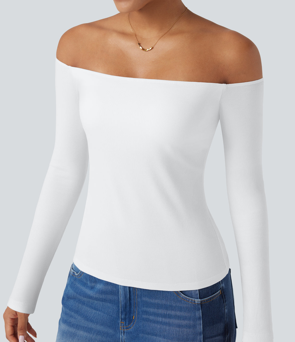 Ribbed Knit Off Shoulder Long Sleeve 2-in-1 Casual Top — White — view 5