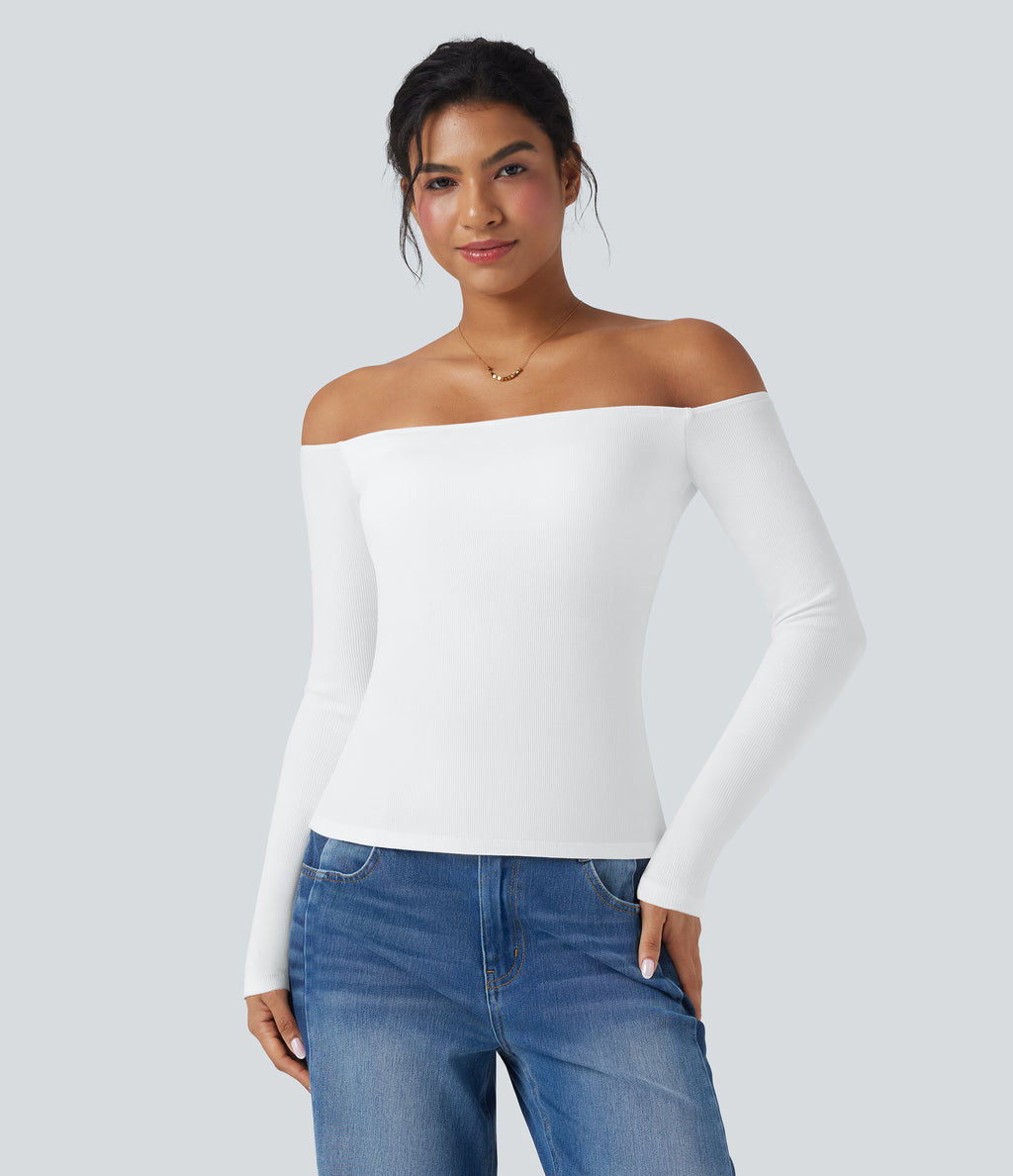 Ribbed Knit Off Shoulder Long Sleeve 2-in-1 Casual Top — White — view 4