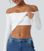 Ribbed Knit Off Shoulder Long Sleeve 2-in-1 Casual Top — White — view 1