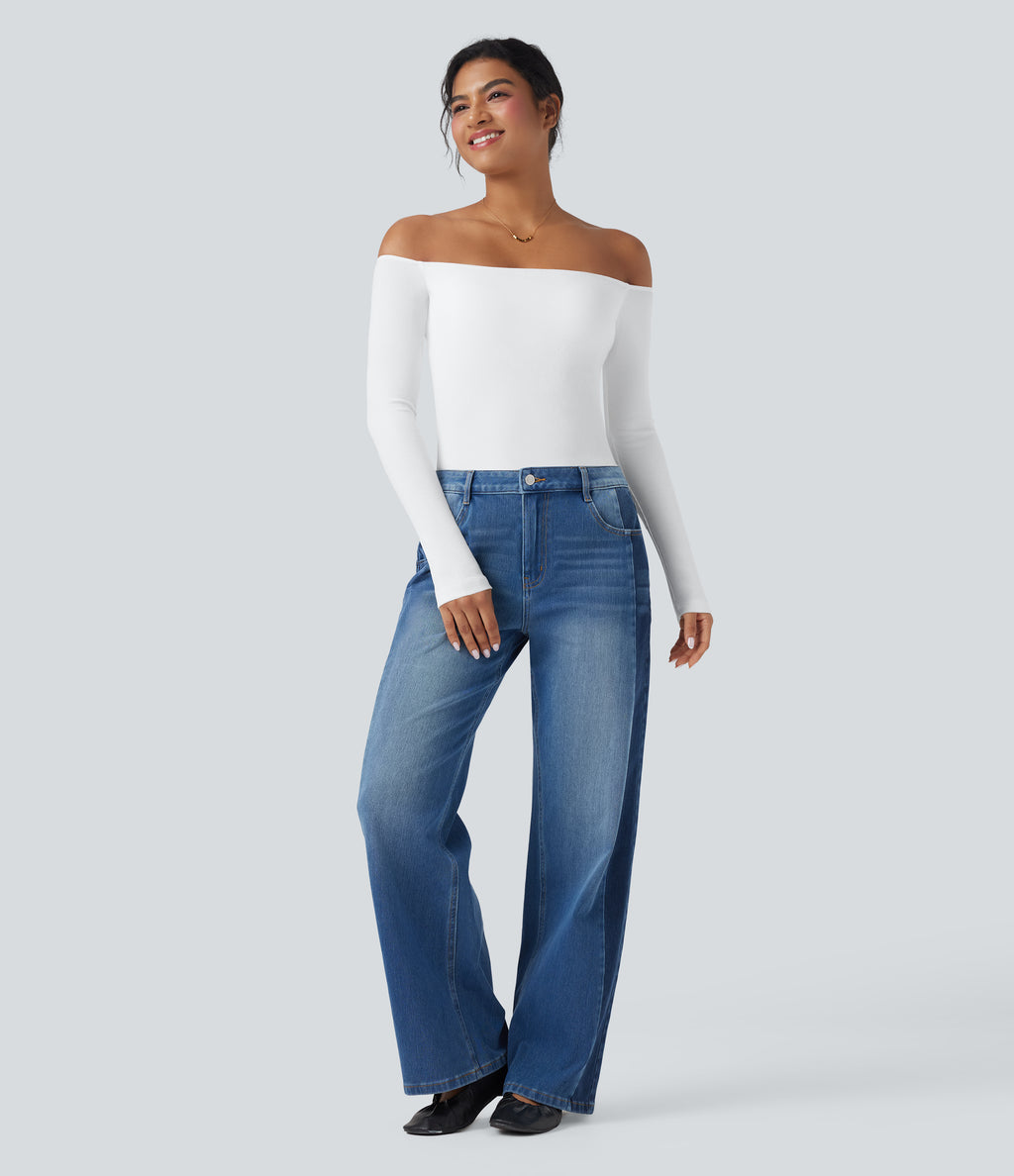 Ribbed Knit Off Shoulder Long Sleeve 2-in-1 Casual Top — White — view 6