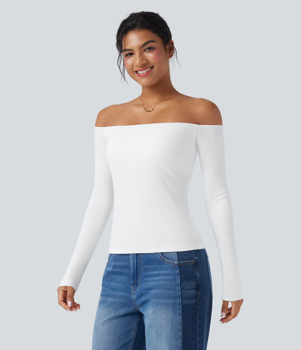 Ribbed Knit Off Shoulder Long Sleeve 2-in-1 Casual Top — White — view 2
