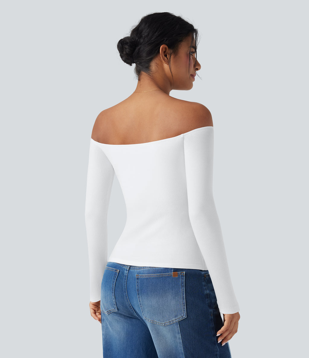 Ribbed Knit Off Shoulder Long Sleeve 2-in-1 Casual Top — White — view 3