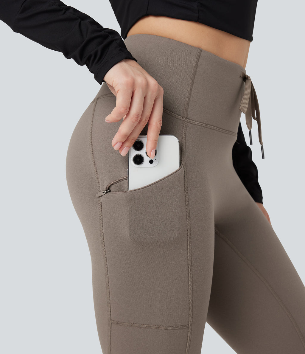 High Waisted Drawstring Fleece 7/8 Hiking Leggings with Pocket — Walnut — view 5