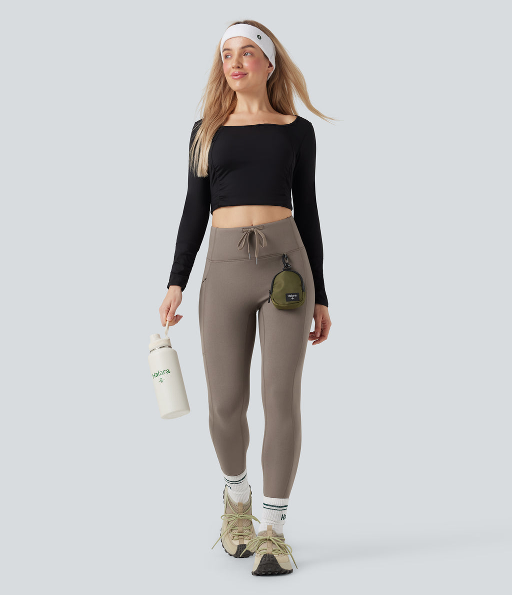 High Waisted Drawstring Fleece 7/8 Hiking Leggings with Pocket — Walnut — view 8