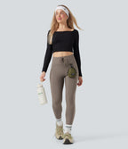 High Waisted Drawstring Fleece 7/8 Hiking Leggings with Pocket — Walnut — view 8