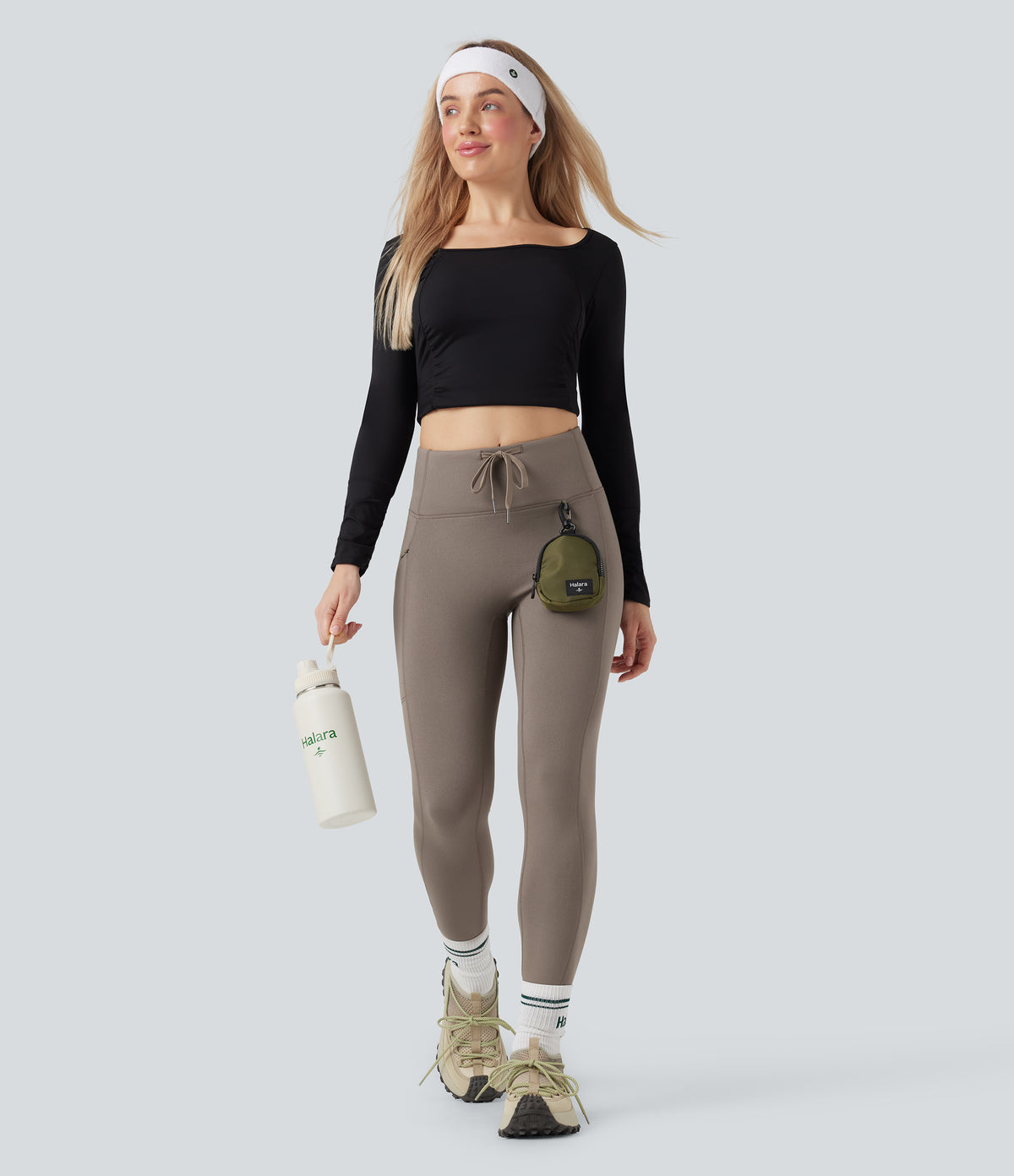 High Waisted Drawstring Fleece 7/8 Hiking Leggings with Pocket — Walnut — view 8