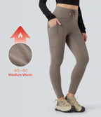 High Waisted Drawstring Fleece 7/8 Hiking Leggings with Pocket — Walnut — view 1