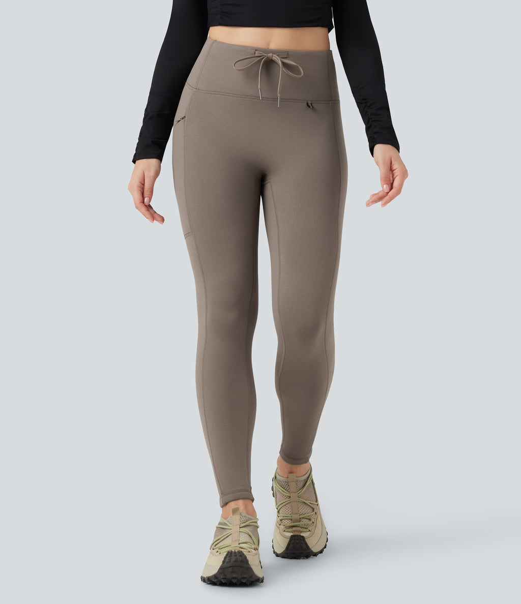 High Waisted Drawstring Fleece 7/8 Hiking Leggings with Pocket — Walnut — view 3